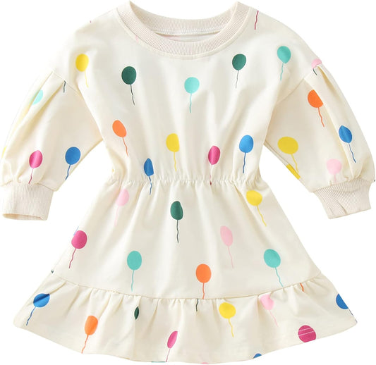 Whimsical Balloon Print Long Sleeve Baby/Toddler Dress | Playful Cotton Dress for Little Explorers