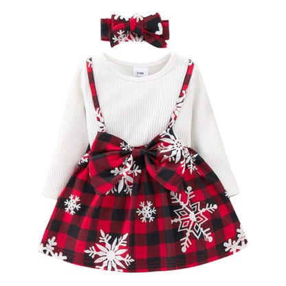 Snowflake Red Plaid Christmas Dress for Girls | Festive Holiday Dress with Bow