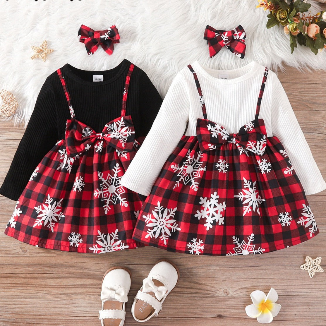 Snowflake Red Plaid Christmas Dress for Girls | Festive Holiday Dress with Bow