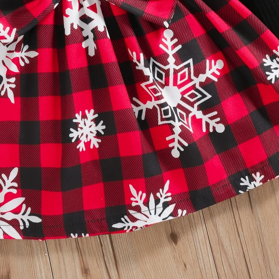 Snowflake Red Plaid Christmas Dress for Girls | Festive Holiday Dress with Bow