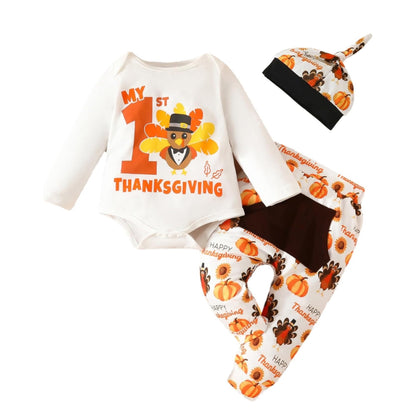 My First Baby Thanksgiving Outfits | Romper, Turkey Printed Pants, and Hat