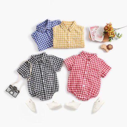 Cotton Gingham Short Sleeve Onesie | Stylish Plaid Bodysuit for Baby Boys itsykitschycoo