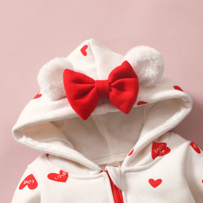 Valentine's Day Girls Rompers | Heart Printed Zipper Front Romper with Hood