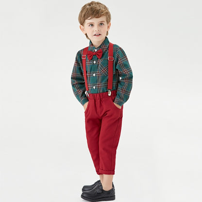 Boys Christmas Outfits | 3M-6T Formal Shirt, Bowtie, + Suspender Pants Sets