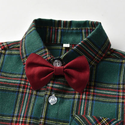 Boys Christmas Outfits | 3M-6T Formal Shirt, Bowtie, + Suspender Pants Sets