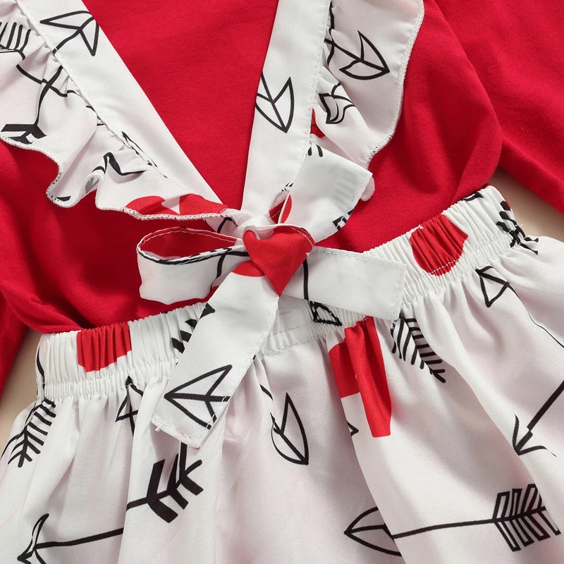 Valentines Clothes Sets | Long Sleeve Solid T-shirt and Heart Printed Suspender Skirt