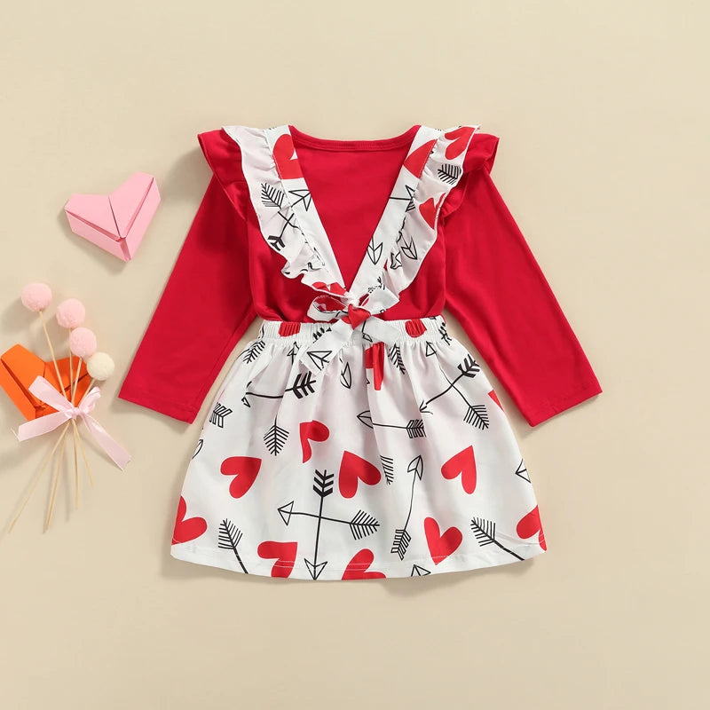 Valentines Clothes Sets | Long Sleeve Solid T-shirt and Heart Printed Suspender Skirt