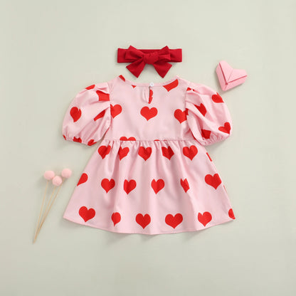 Valentine's Day Toddler Kid Baby Girl Dress | Red Heart Print Puff Sleeve