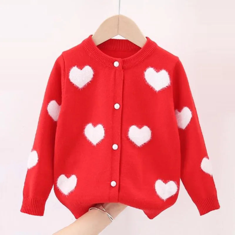 Toddler Girls Knitted Sweater Cardigan | Heart Print