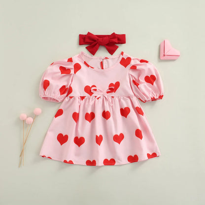 Valentine's Day Toddler Kid Baby Girl Dress | Red Heart Print Puff Sleeve