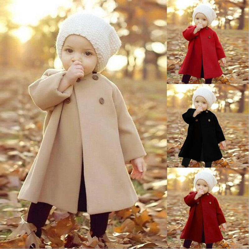 Girls' Full Sleeve Wool Blend Coat | Beige, Black, Red