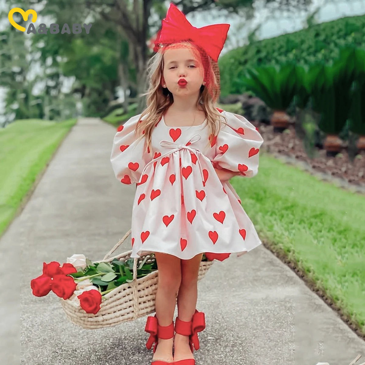 Valentine's Day Toddler Kid Baby Girl Dress | Red Heart Print Puff Sleeve