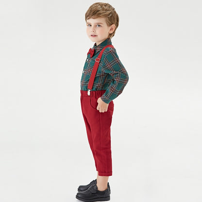 Boys Christmas Outfits | 3M-6T Formal Shirt, Bowtie, + Suspender Pants Sets