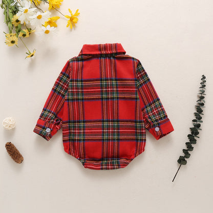 Boy's Plaid Long Sleeve Romper + Bow Tie for Children | Christmas Baby Set