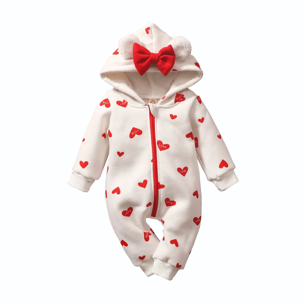 Valentine's Day Girls Rompers | Heart Printed Zipper Front Romper with Hood