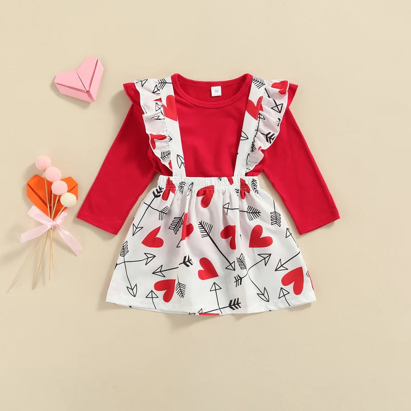 Valentines Clothes Sets | Long Sleeve Solid T-shirt and Heart Printed Suspender Skirt