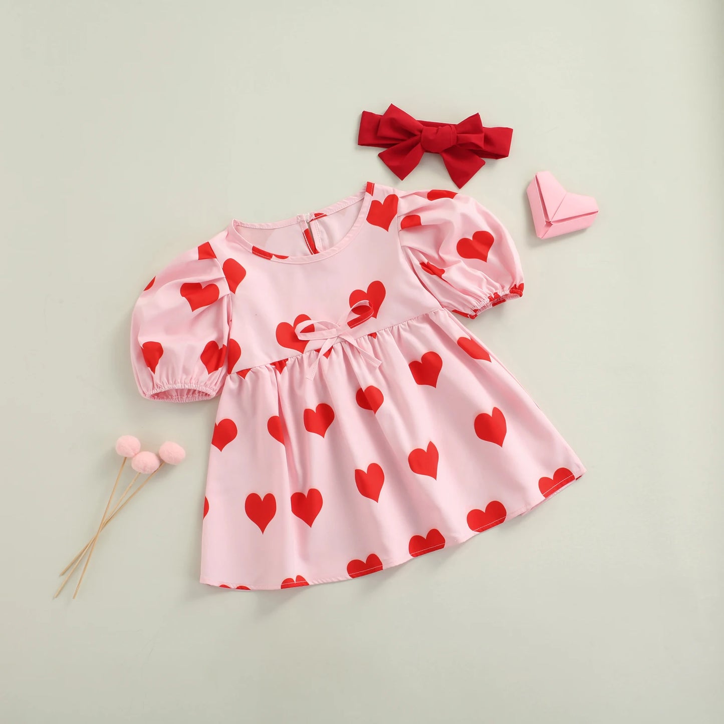 Valentine's Day Toddler Kid Baby Girl Dress | Red Heart Print Puff Sleeve