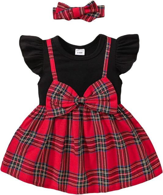 Christmas Girls' Plaid Dress Set with Bow Headband | Adorable Black and Red Holiday Outfit