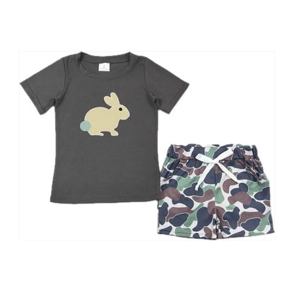 Toddler Baby Boy Short Sleeves Embroidery Bunny Cotton Shirt Tee + Camo Shorts | Kid's Easter Set