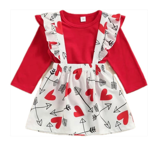 Valentines Clothes Sets | Long Sleeve Solid T-shirt and Heart Printed Suspender Skirt