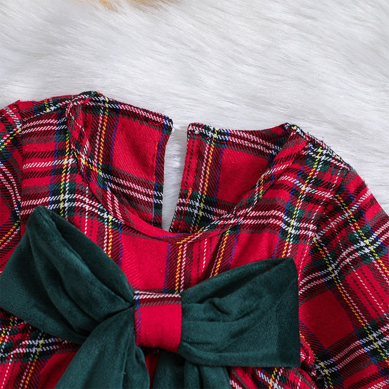 Festive Plaid Print Romper Dress with Adorable Bow | Perfect for Baby Girls this Christmas