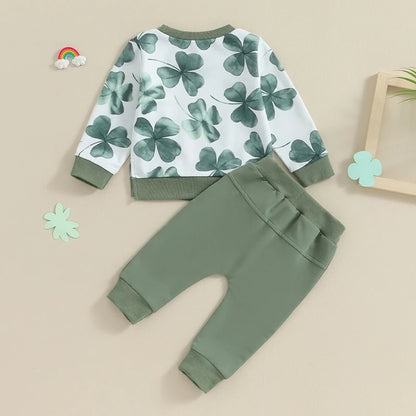 Lucky Charm Duo | Solid Color Pants + Shamrock-Printed Long Sleeve Sweatshirt