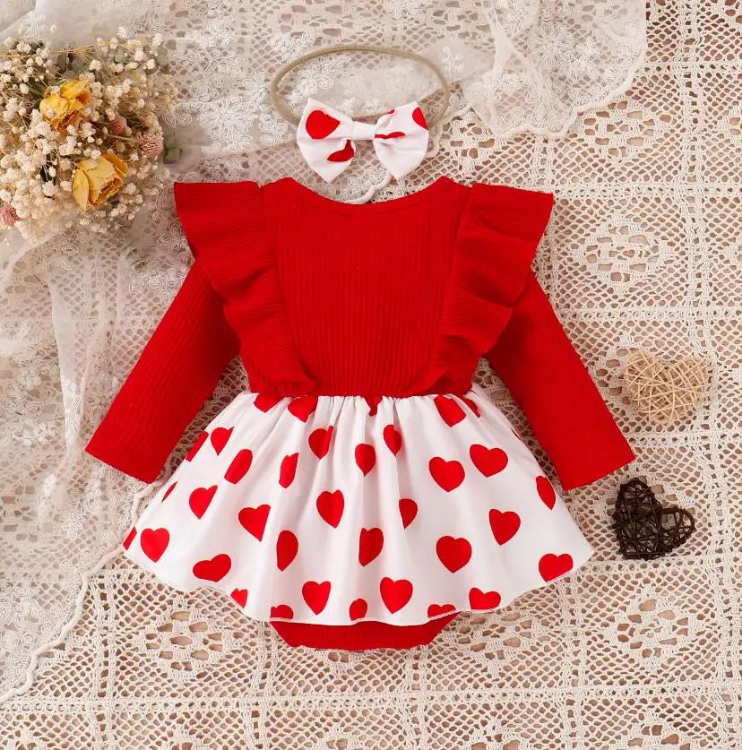 Baby Girls Valentine’s Day Outfits | Heart Print Skirt Romper with Headband Set