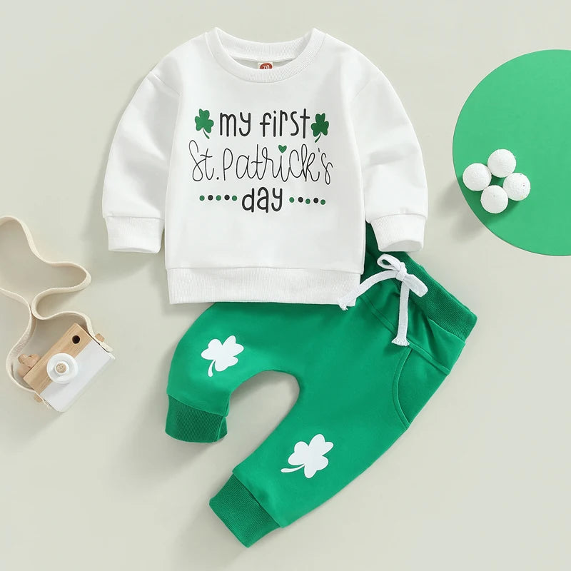 My First Lucky Moments Set | White Sweatshirt & Matching Green Sweatpants