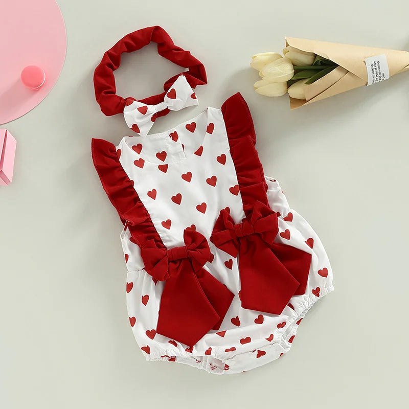 Baby Girls Outfits for Valentine’s Day | Ruffles Sleeveless Heart Print Romper with Headband Set