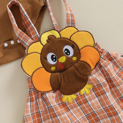 Thanksgiving Day Baby Girl Outfits | Brown Ruffle Romper and Plaid Turkey Jumper Set