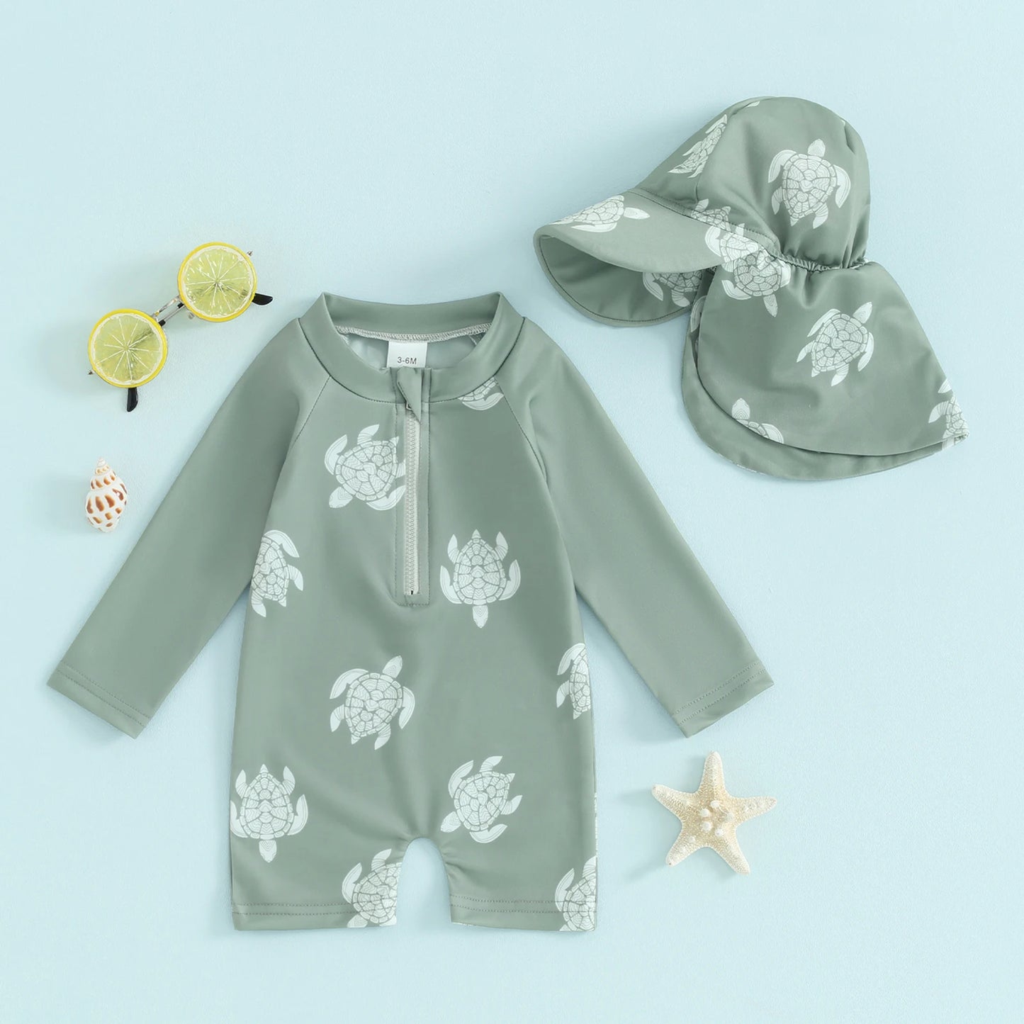 Sea Turtle Two Piece Long Sleeve Rash Guard Set with Matching Hat