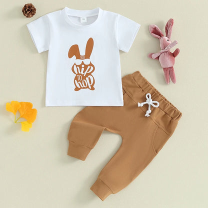 Toddler Baby Boy Easter Outfit | Short Sleeve Bunny Hip Hop T Shirt and Casual Pants Clothes Set