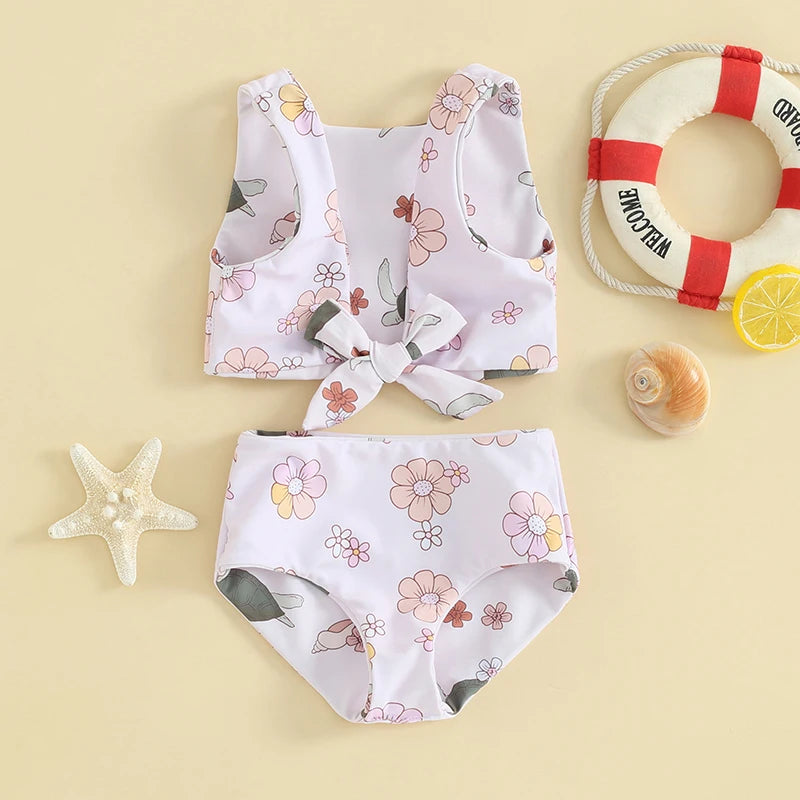 Versatile Reversible Baby Girls Bikini Sets | Shell/Flower Print Knotted Set