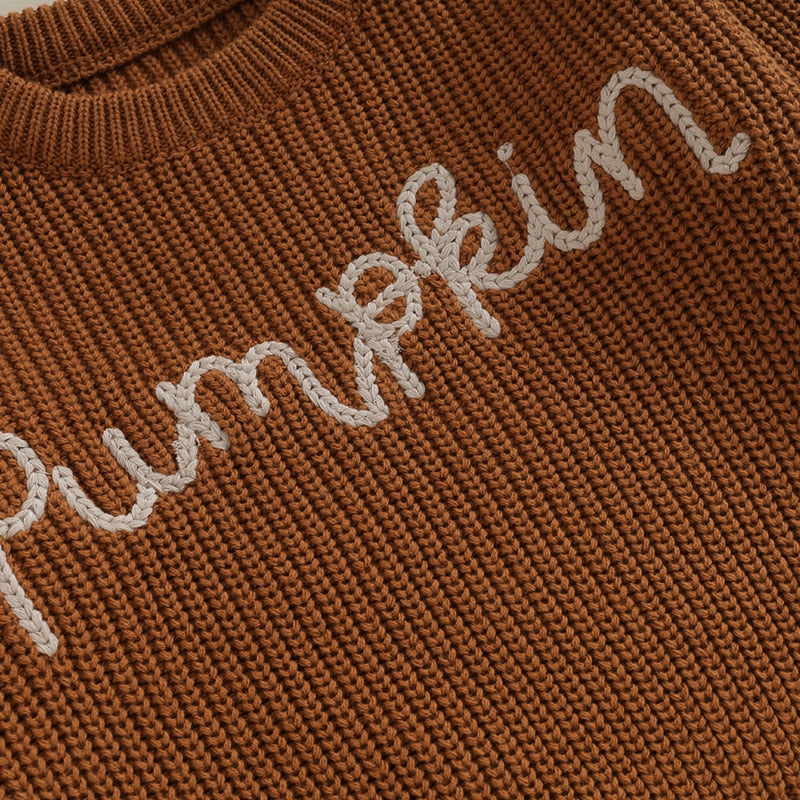 Festive Pumpkin Embroidered Autumn Sweaters | Long Sleeve Crewneck Pullover