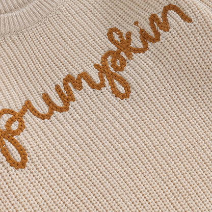 Festive Pumpkin Embroidered Autumn Sweaters | Long Sleeve Crewneck Pullover