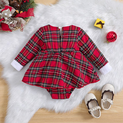 Festive Plaid Print Romper Dress with Adorable Bow | Perfect for Baby Girls this Christmas