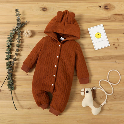 Cozy Baby Romper with Ears Hood | Solid Color Long Sleeve
