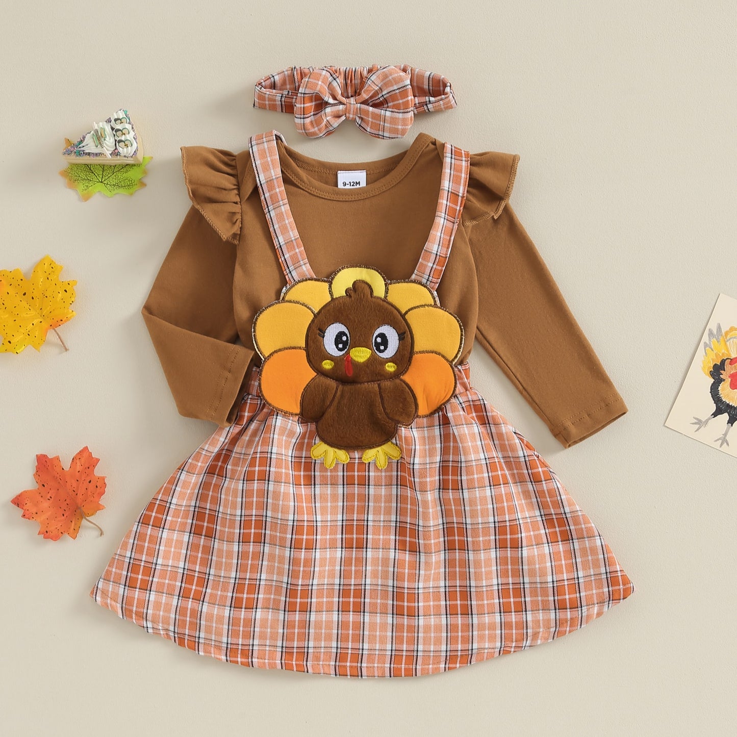 Thanksgiving Day Baby Girl Outfits | Brown Ruffle Romper and Plaid Turkey Jumper Set