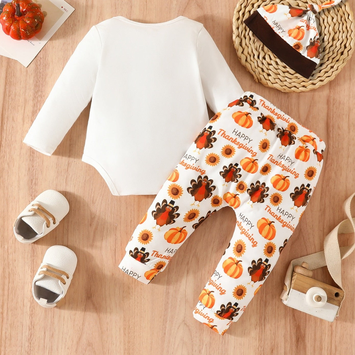 My First Baby Thanksgiving Outfits | Romper, Turkey Printed Pants, and Hat