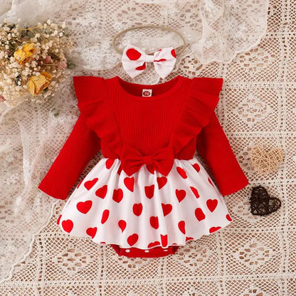 Baby Girls Valentine’s Day Outfits | Heart Print Skirt Romper with Headband Set