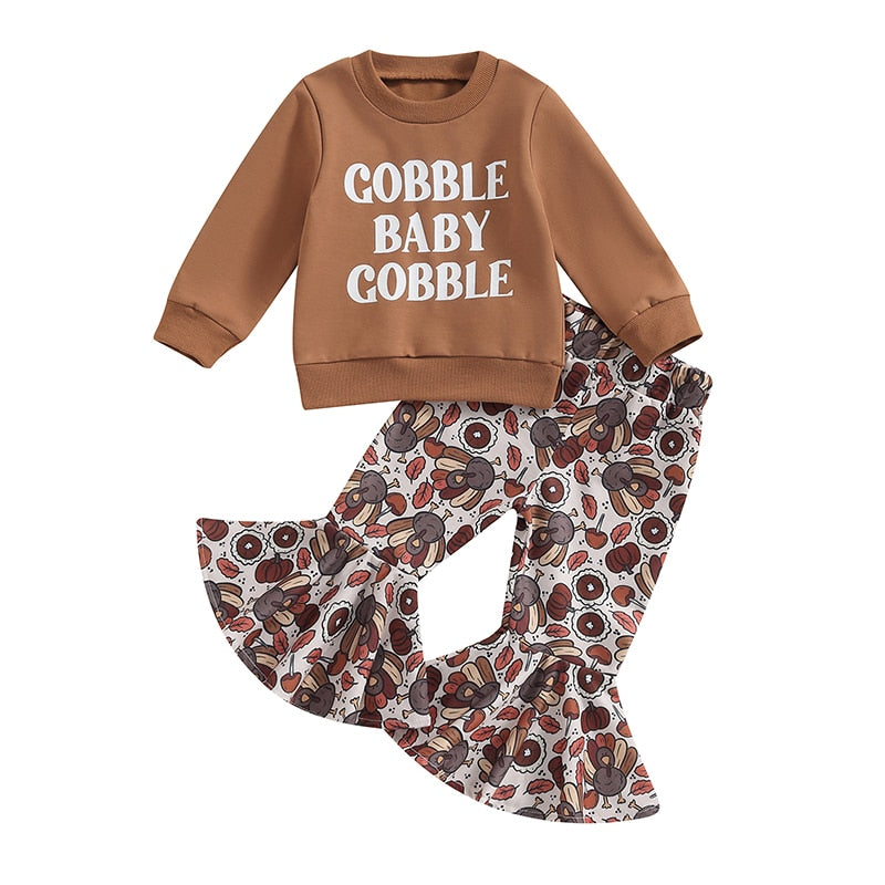 Gobble Baby Gobble Thanksgiving Outfit | Girls Sweatshirt & Turkey Print Bellbottom Pants