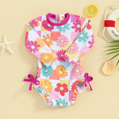 Cute Baby Girls Rash Guard Swimwear | Butterfly or Floral Ruffle Bottom Romper Swimsuits