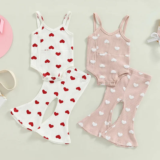 Valentine's Day Clothes Sets for Toddler Girls | Heart Print Bodysuits + Flare Pants