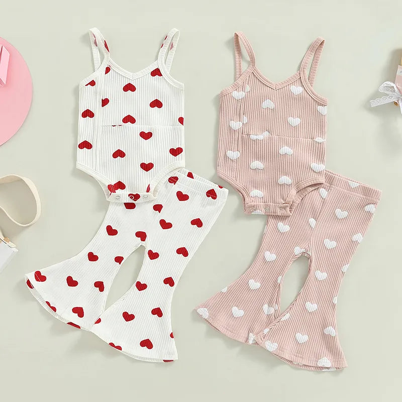 Valentine's Day Clothes Sets for Toddler Girls | Heart Print Bodysuits + Flare Pants