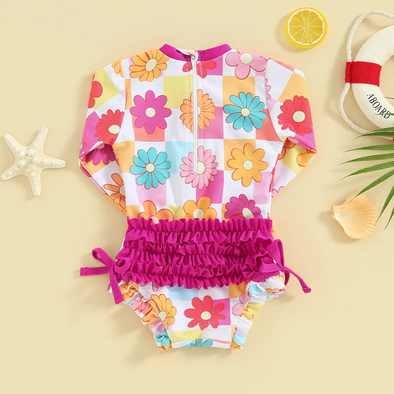 Cute Baby Girls Rash Guard Swimwear | Butterfly or Floral Ruffle Bottom Romper Swimsuits