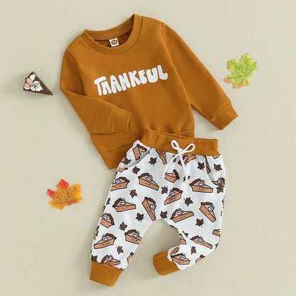 Thankful Lil' Pilgrim Toddler Boys Thanksgiving Outfit | Letter Print Sweatshirt + Pumpkin Pie Jogger Pants