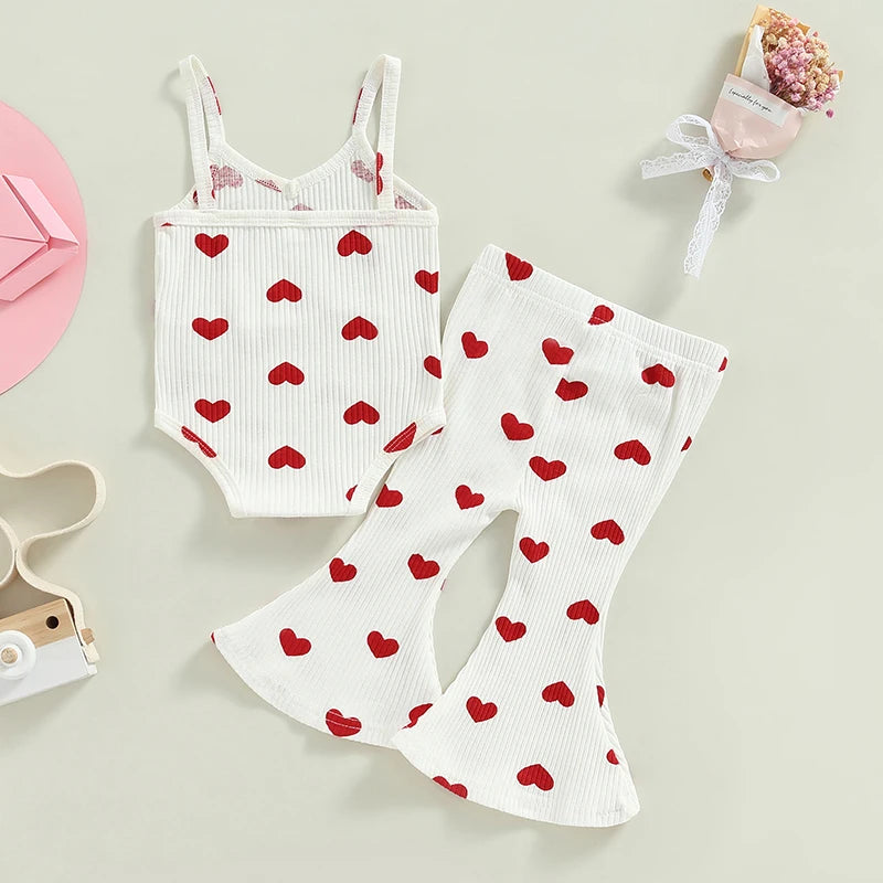 Valentine's Day Clothes Sets for Toddler Girls | Heart Print Bodysuits + Flare Pants