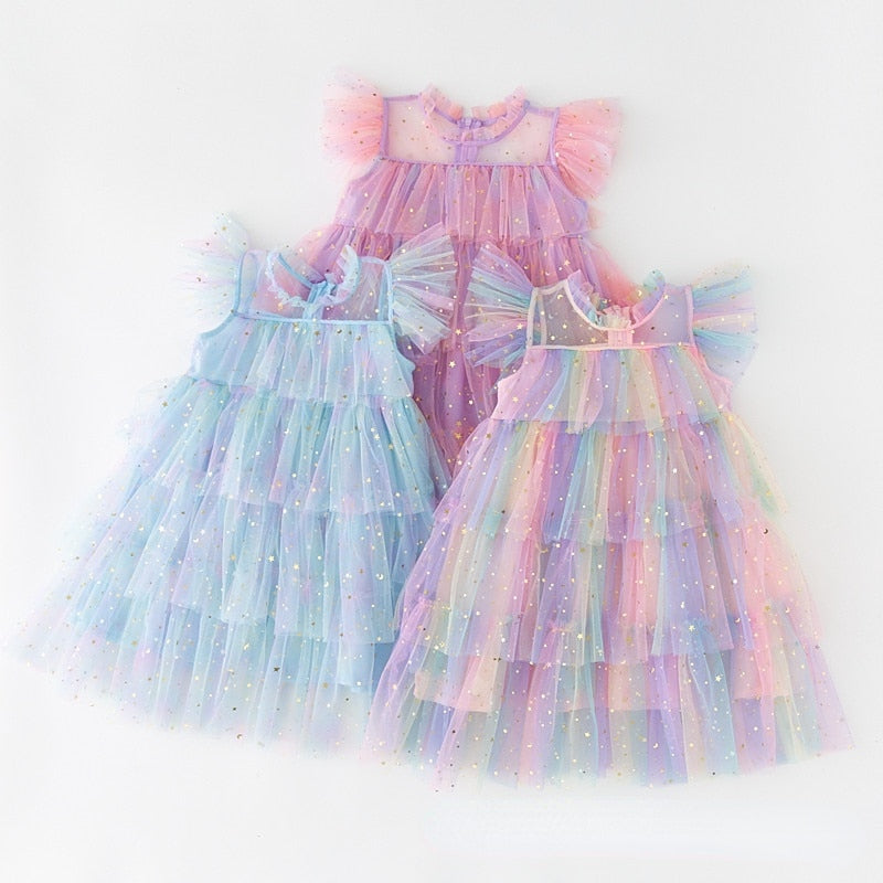 Girls Tulle Dress | Dress Rainbow Colored Sleeveless Layered itsykitschycoo