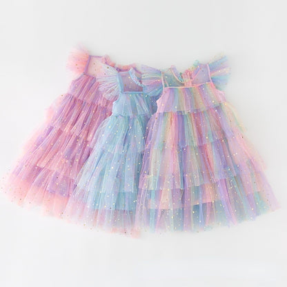 Girls Tulle Dress | Dress Rainbow Colored Sleeveless Layered itsykitschycoo