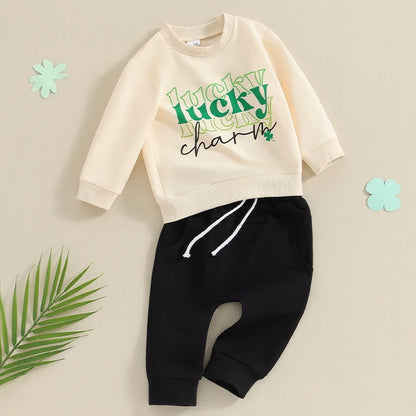 Lucky Charm Toddler Boy St. Patrick's Day Outfit | Long Sleeve Sweatshirt & Black Sweatpants Set